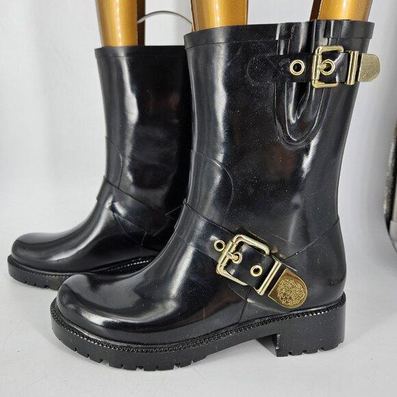 Vince Camuto Boots Womens Size 7 Black VC Hinch Rubber Rain Moto Gold Buckle - Picture 6 of 12